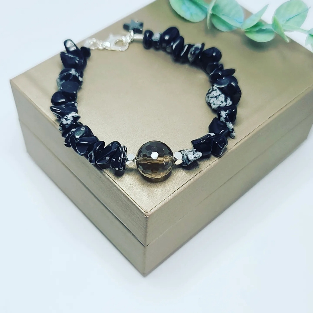 Snowflake Obsidian chips, Smoky Quartz bracelet